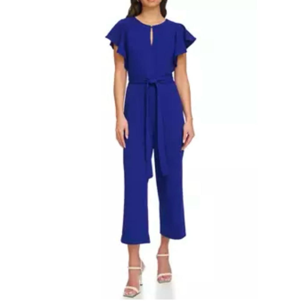 Dkny Blue Jumpsuit with High Neckline and Ruffled Sleeves